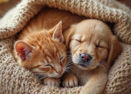 Filhotes-de-cachorro-e-gato-dormindo-juntos-e-aconchegados