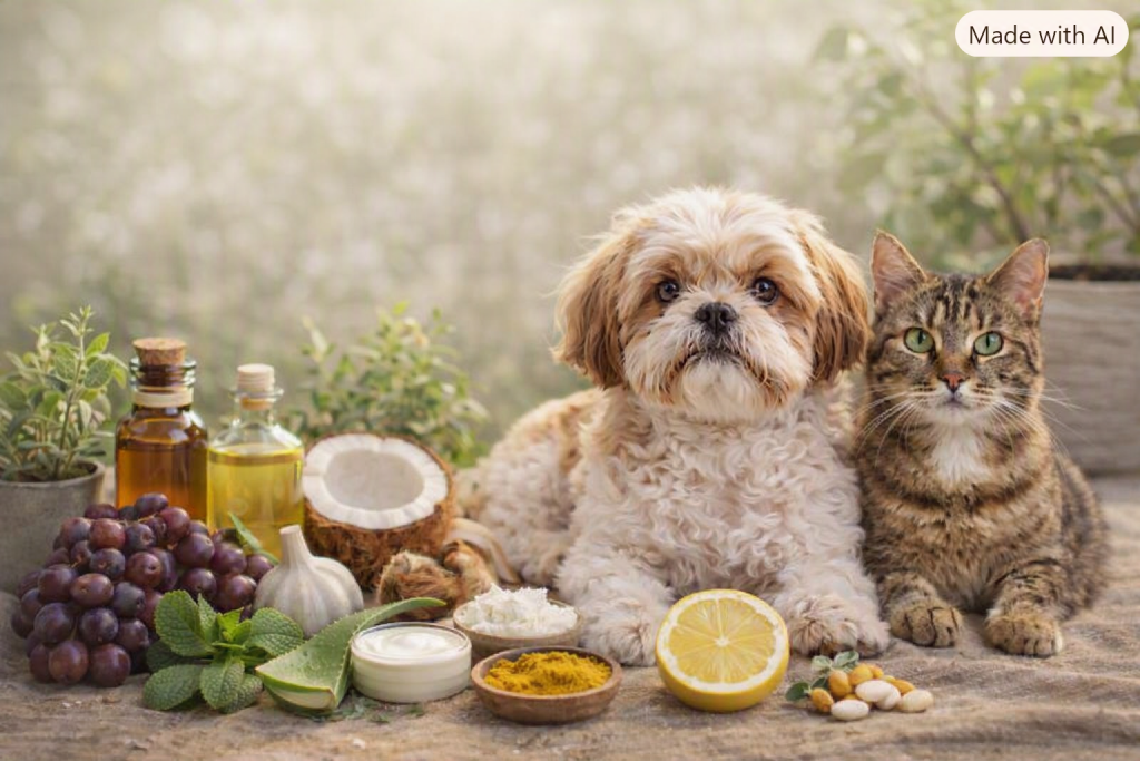 Cachorro Shih Tzu e gato rajado sentados lado a lado em ambiente natural, cercados por ingredientes como aloe vera, coco, cúrcuma, camomila e óleos vegetais, simbolizando cuidados sustentáveis para pets.