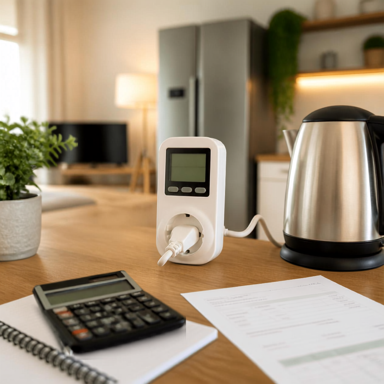 Medidor digital de consumo de energia conectado a uma chaleira elétrica, com calculadora e conta de luz sobre uma mesa.