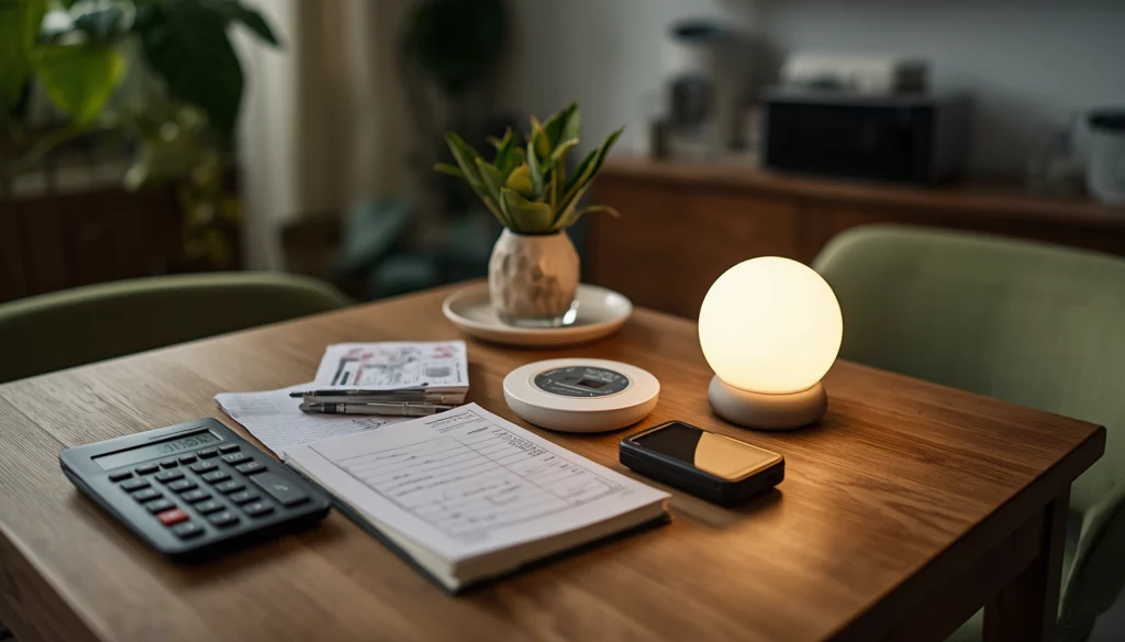 Mesa de madeira com calculadora, com medidor e luminária