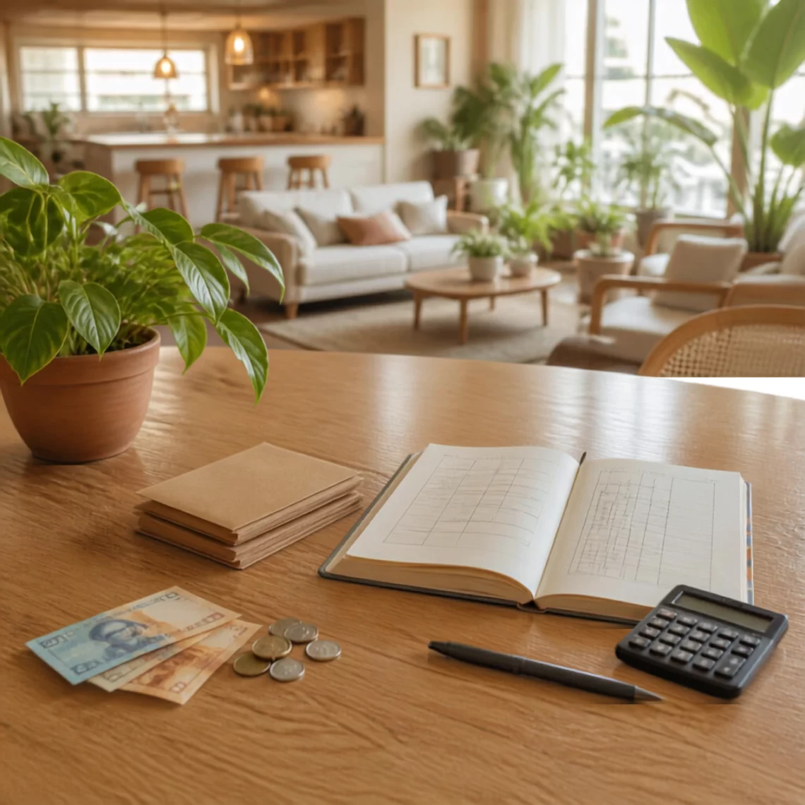 Orçamento doméstico com caderno financeiro, calculadora, dinheiro e moedas sobre mesa de madeira em casa organizada. Como Montar um Orçamento Doméstico