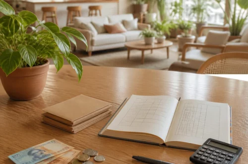 Orçamento doméstico com caderno financeiro, calculadora, dinheiro e moedas sobre mesa de madeira em casa organizada. Como Montar um Orçamento Doméstico