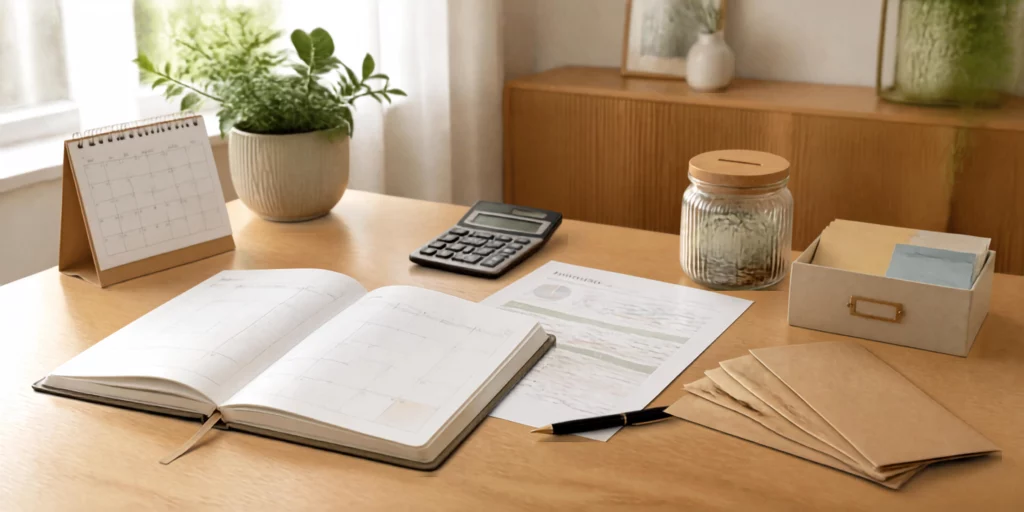 Planejamento do orçamento doméstico com calendário, caderno financeiro, calculadora e pote para economias