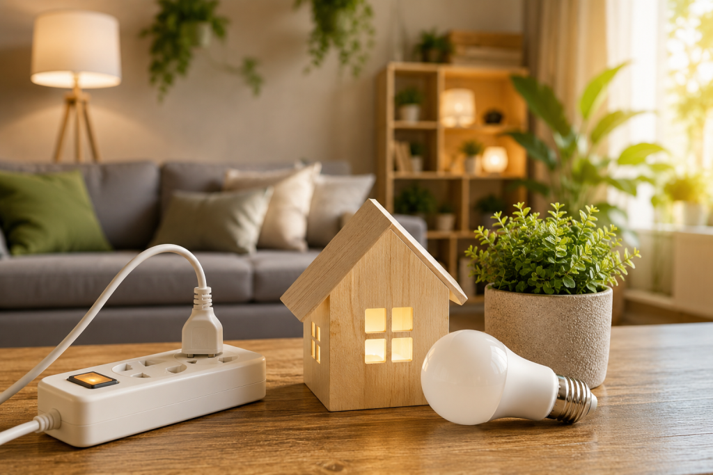 Por sobre uma mesa um protótipo de uma casinha de madeira, uma lâmpada led deitada juntamente com uma régua de extensão e uma tomada, ao fundo sofá aconchegante, plantas e uma estante.
