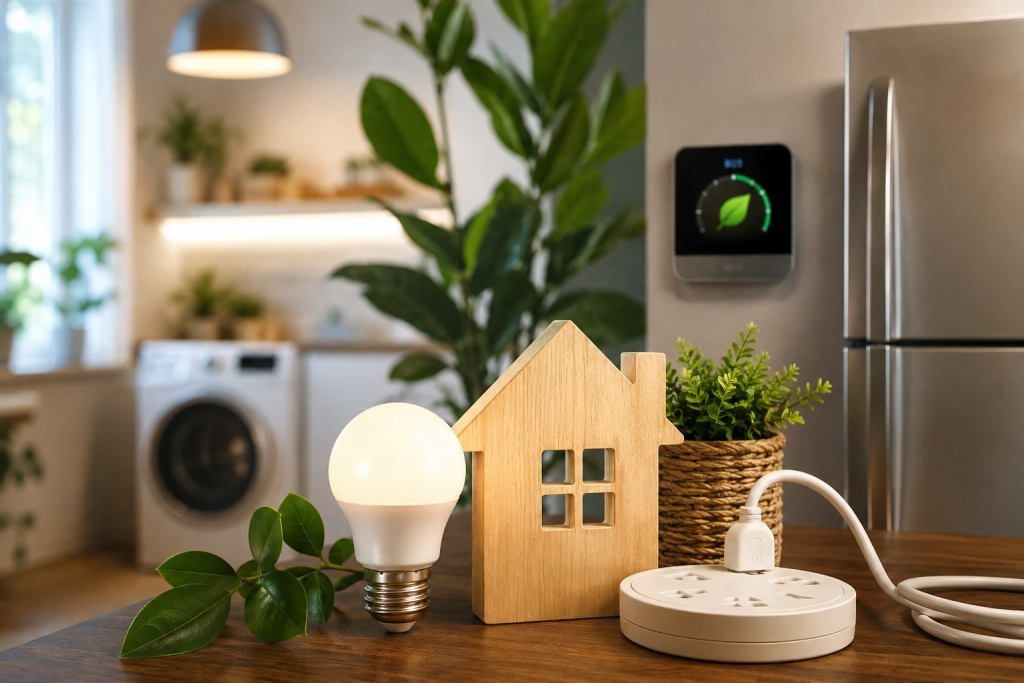 Por sobre uma mesa pequeno protótipo de uma casinha de madeira, uma extensão elétrica circular, uma lâmpada, uma geladeira em inox, e ao fundo maquina de lavar. Como Economizar Energia em Casa