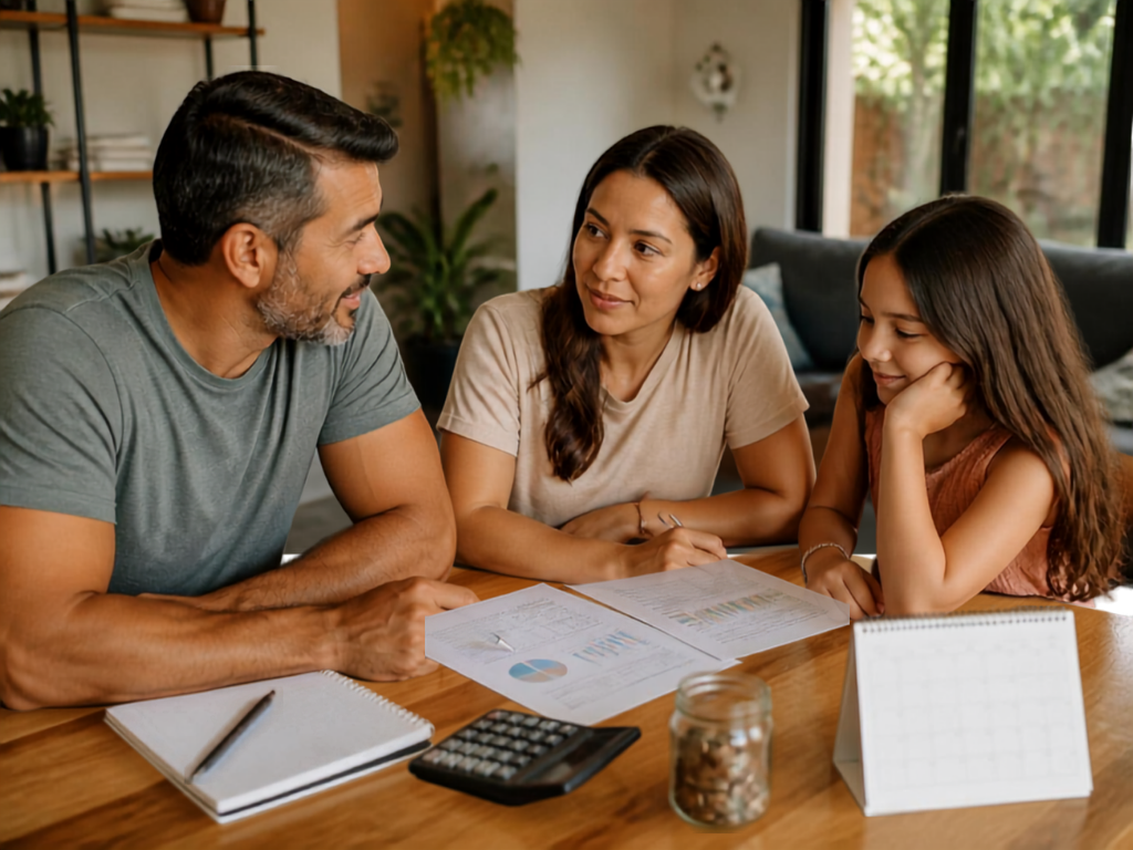 Família organizando o orçamento doméstico com calculadora, calendário, caderno e documentos sobre a mesa