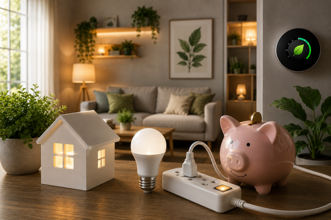Mesa com miniatura de casa iluminada, lâmpada LED, extensão elétrica e cofre em forma de porquinho, em sala aconchegante com plantas e termostato inteligente na parede, simbolizando economia de energia doméstica.