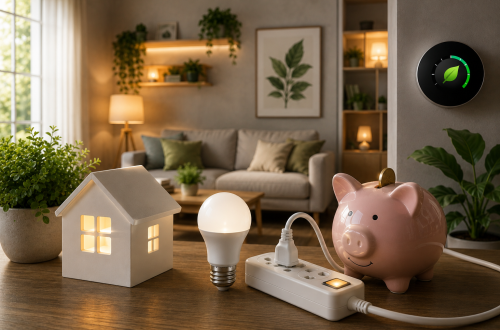 Mesa com miniatura de casa iluminada, lâmpada LED, extensão elétrica e cofre em forma de porquinho, em sala aconchegante com plantas e termostato inteligente na parede, simbolizando economia de energia doméstica.